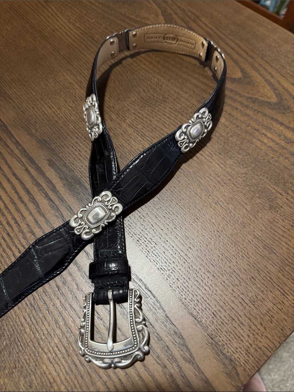 Fossil Black Croc-Embossed Leather Belt with Silver Conchos